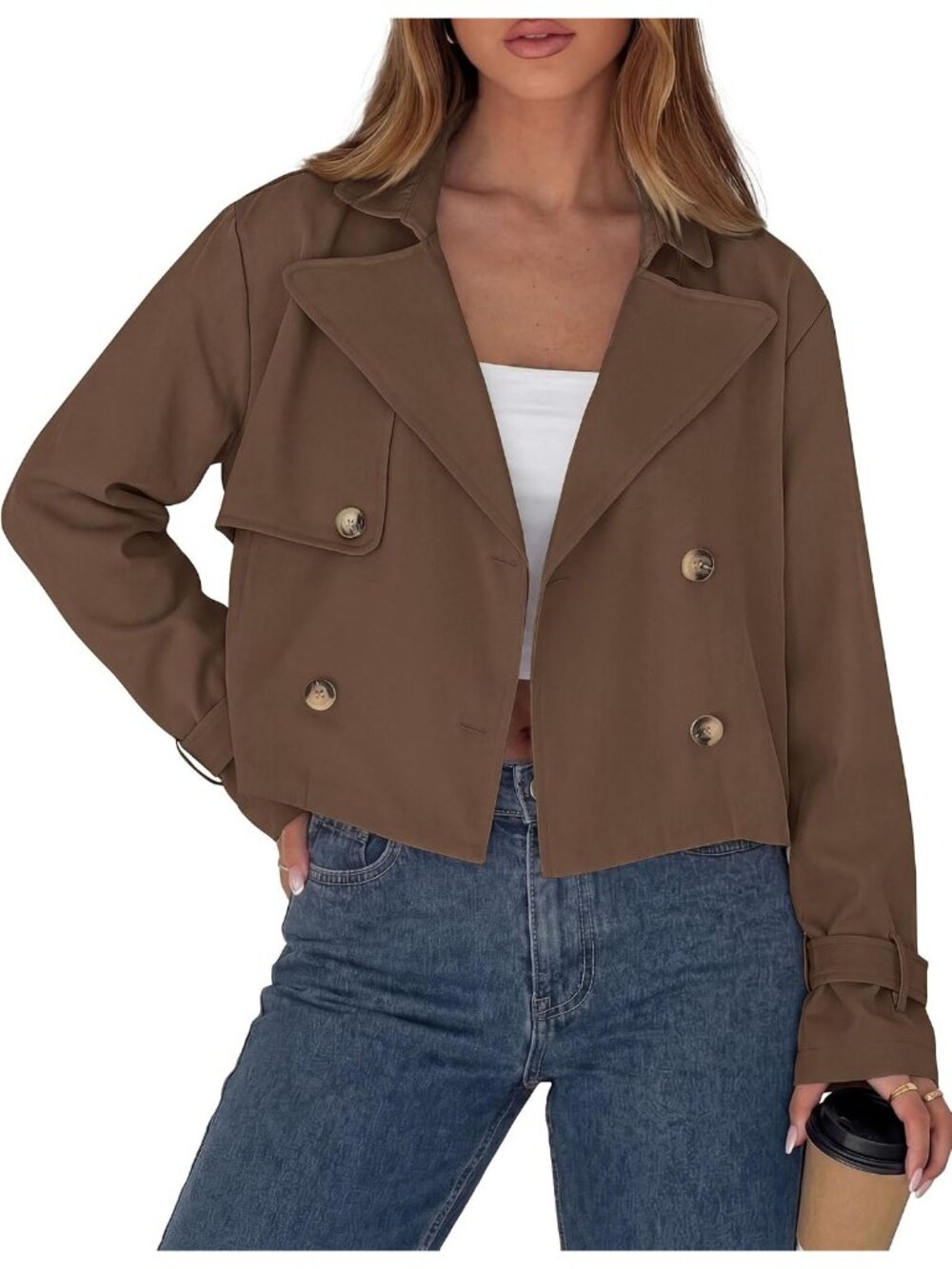 Women’s Brown Long Sleeve Double Breasted Office Casual Cropped Short Jacket